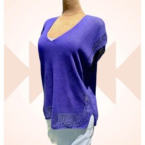 VTG Y2K Chico's Sz 1 (M/L) Blakely Purple Linen‎ Cotton Open Crochet Knit Top